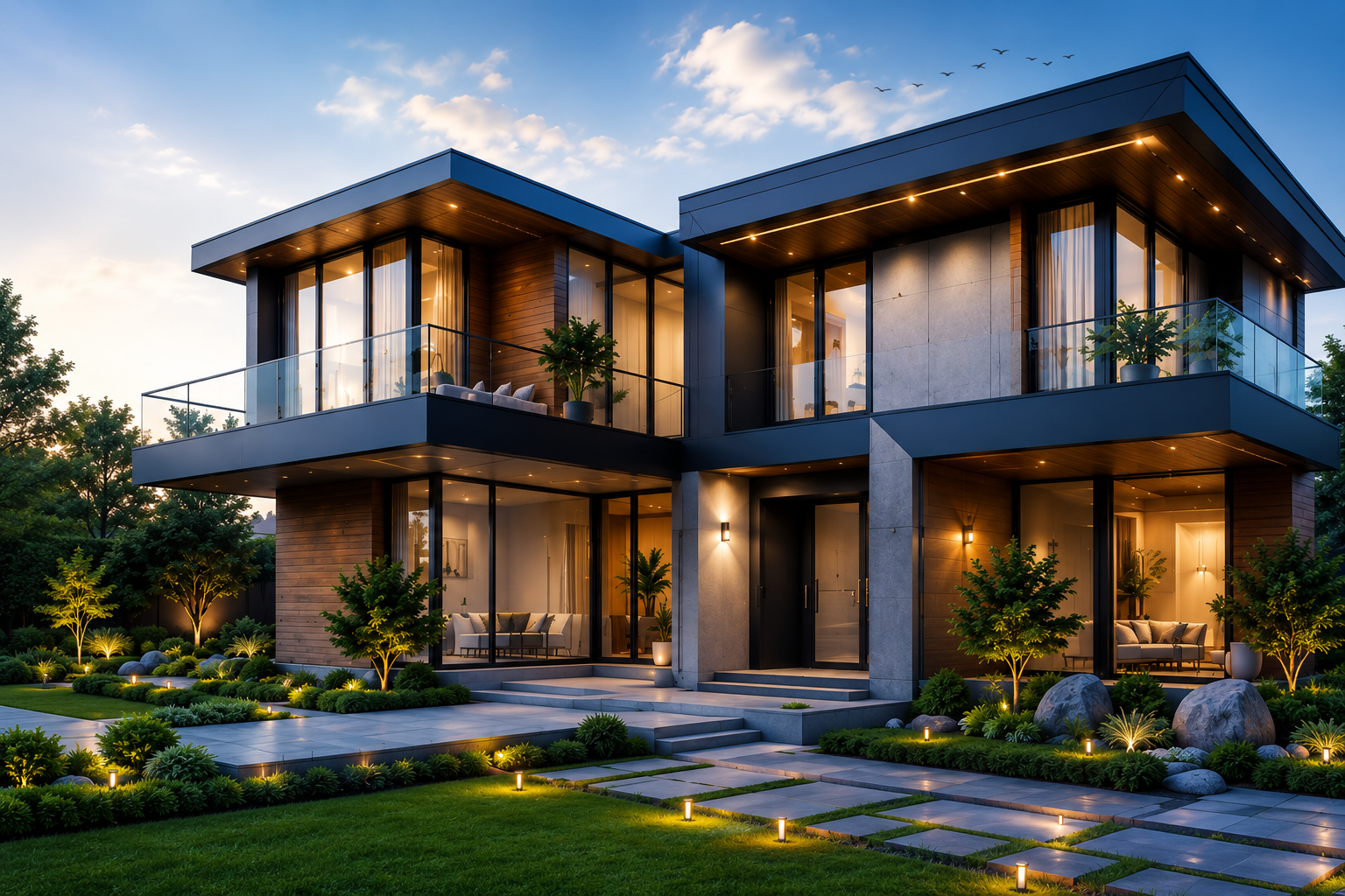 Modern villa with landscaped garden at dusk